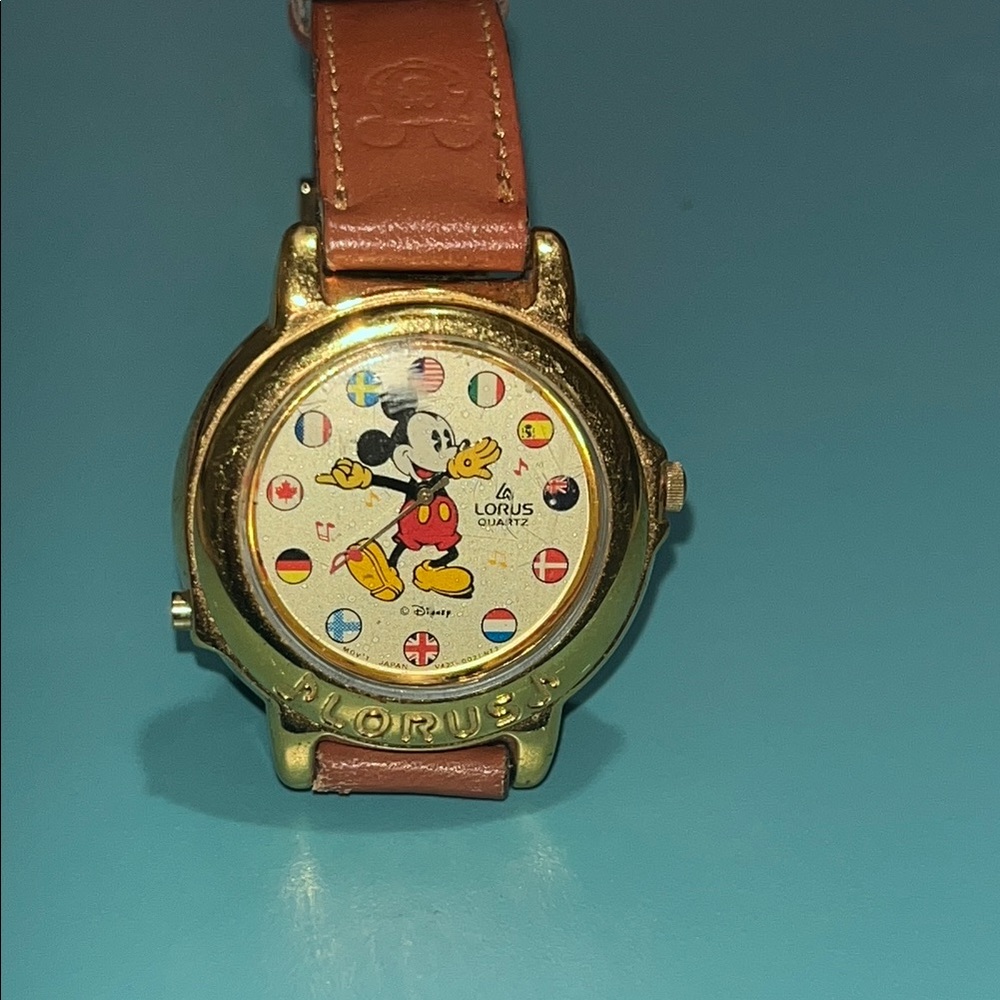 Lorus Mickey Mouse Gold Watch with Brown Strap